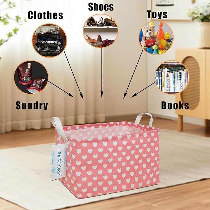 LANGYASHAN Rectangular Storage Bin Collapse Canvas Fabric Cartoon Storage Basket with Handles for Organizing Home Kitchen Boys and Girls Toys Office Closet Shelf Baskets (Rec pink heart)