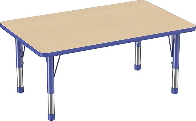 FDP Rectangle Activity School and Classroom Kids Table (30 x 48 inch), Chunky Toddler Legs, Adjustable Height 15-24 inches - Maple Top and Blue Edge