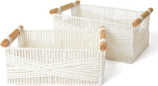 LA JOLIE MUSE Wicker Storage Baskets for Organizing, Recyclable Paper Rope Basket with Wood Handles, Decorative Hand Woven Basket Organizers for Makeup Books Shelves Living Room, White, Set of 2