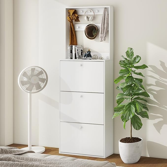 Shoe Storage Cabinet with 3 Flip Drawers, Narrow Shoe Cabinet with 9 Hooks Coat Rack, Freestanding Slim Shoe Storage Organizer for Entryway, Hallway, Entrance, Bedroom, Living Room, White