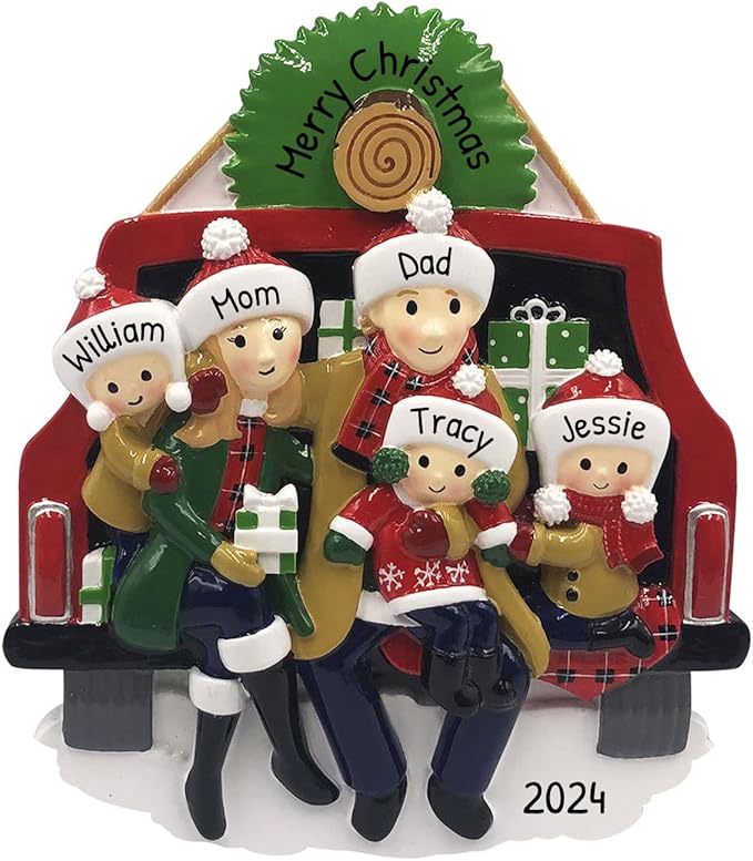 3D Red Truck Family of 5 Christmas Ornament 2025 Personalized Family Christmas Ornaments 2025 | Vintage Car Road Trip Presents Personalized Tree Ornaments Customizable Gifts in Pickup of Five Ornament