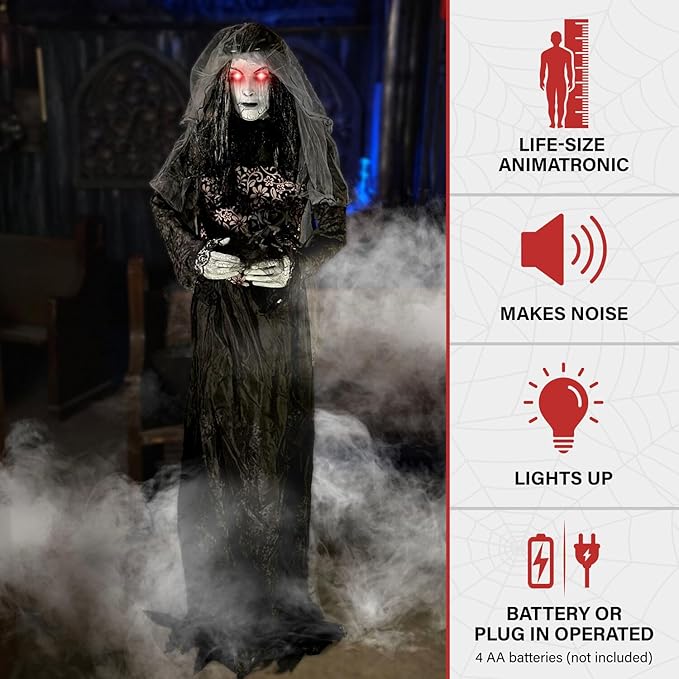 Haunted Hill Farm Rising Ghost Bride by Tekky, Battery-Operated, Sound Activated Animatronic with Sound Effects and Lights for Indoor or Covered Outdoor Creepy Halloween Decoration