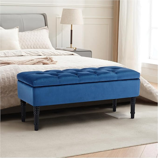 Ottoman with Storage Velvet Storage Bench Holds Up to 500 lbs Ottomans Upholstered Bench with Seating for Bedroom, Living Room, Blue