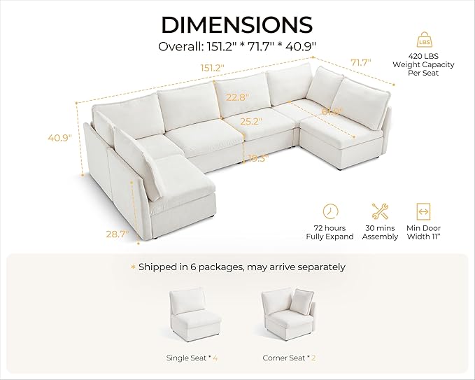 Oversized Modular Sofa Comfy Cloud Couch with Storage, Extra Deep Plush Sectional Sofa Set for Living Room, Covers Washable, Chenille, Olar (White, 6-Seater with 2 Corners, u-Shaped)