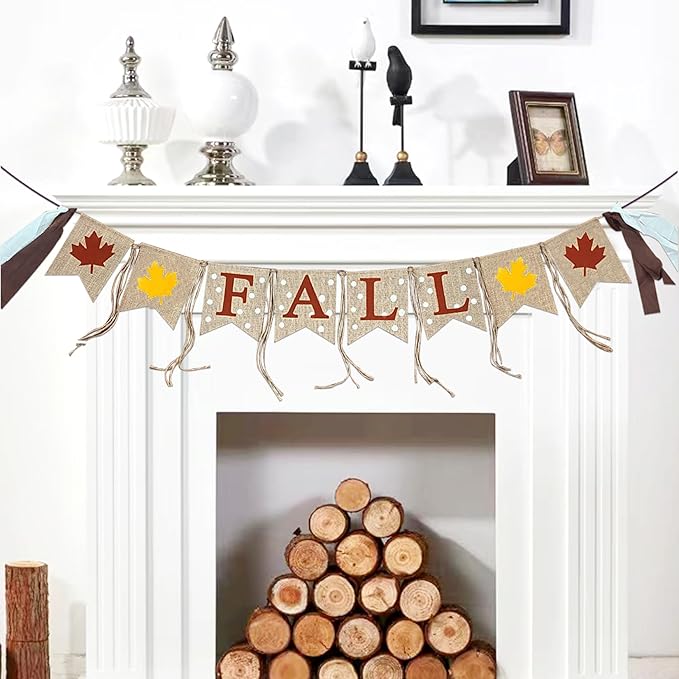 Happy Fall Burlap Banner, Fall Sign Rustic Maple Leaf Flag Natural Fall Harvest Banner for Autumn Home Party School Party Thanksgiving Day Decoration