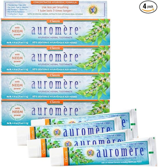 Auromere Ayurvedic Herbal Toothpaste, Classic Licorice Flavor - Vegan, Natural, Non GMO, Fluoride Free, Gluten Free, with Neem & Peelu (4.16 oz), 4 Pack