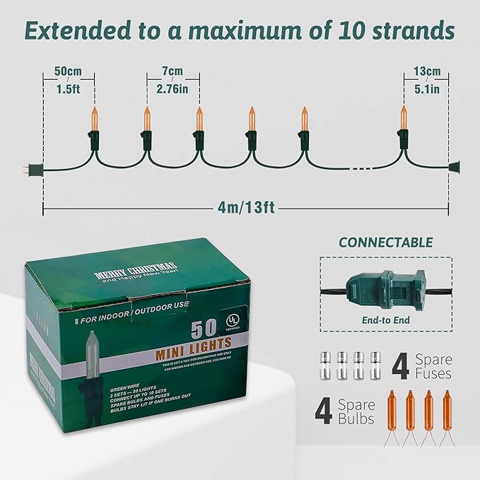 woohaha Outdoor Halloween Lights, 2PACK 13ft 50 Count Incandescent Blubs & Green Wire Mini Lights, 120 V High-Voltage Connectable Light String, for Indoor Patio Garden Tree Party Decoration, Orange