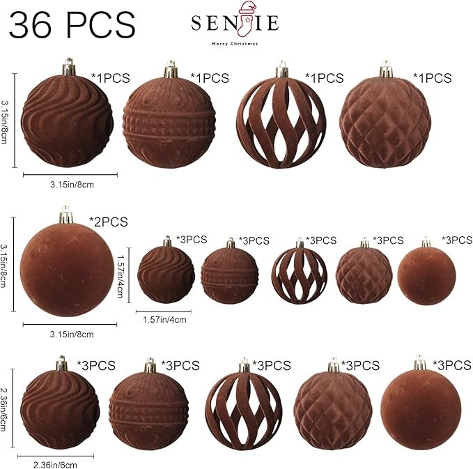 36pcs Velvet Ornaments for Christmas Trees, Flocked Christmas Balls Sets Assortment for Xmas Tree Holiday Decor