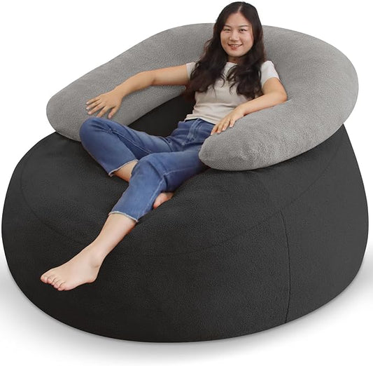 HABUTWAY Bean Bag Chair with U-Shaped Pillow for Adult and Kids Big BeanBag Chair with Filling Ultra Soft Teddy Fleece Couch Chair with Washable Cover for Living Room Bedroom, Dark Grey & Light Grey