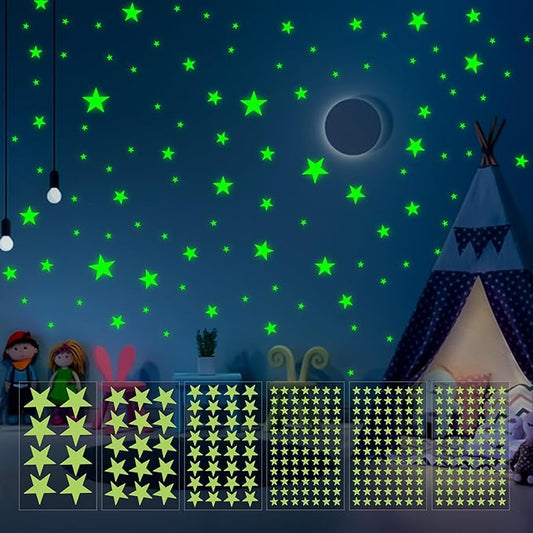 Glow in The Dark Stars Wall Stickers - 6 Sheets 307 Pcs Glowing Wall Decals Ceiling Stickers, Stick on Stars Glow in The Dark for Baby Kids Bedroom Wall Decor