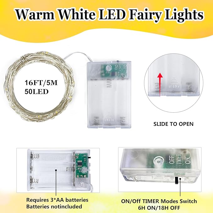 6-Pack Fairy Lights Battery Operated with Timer, Waterproof 16FT 50 LED String Lights Indoor Outdoor, Cuttable Starry Fairy Lights for Christmas Home Bedroom Wedding DIY Centerpiece Decor (Warm White)