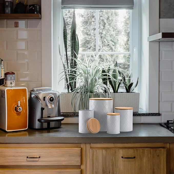 White Kitchen Canisters Set with Bamboo Lids, Airtight Sugar, Flour, Coffee, Cookie Storage Canister Sets for kitchen Countertop, Farmhouse kitchen decor, 4 Pack