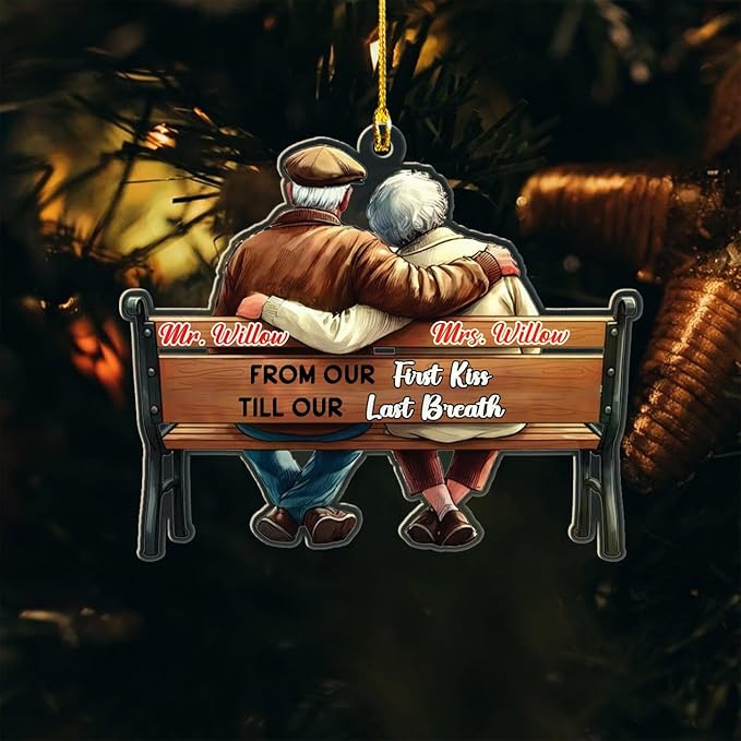 from Our First Kiss Till Our Last Breath Shaped Ornament Gift for Old Couple Husband Wife Dad Mom Grandparents, Personalized Name Mr & Mrs Together Christmas Ornament 2025, Custom Wedding Anniversary