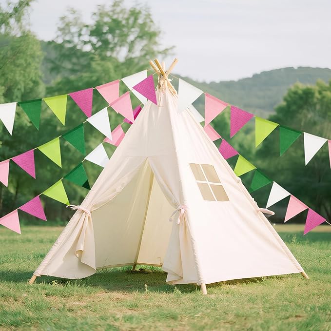 G2PLUS Pre-Strung Burlap Pennant Banners, 39Ft Pink and Green Fabric Triangle Flag Bunting, 36Pcs Pennant Banner Flags Garland for Birthday, Holidays and Theme Party Decorations
