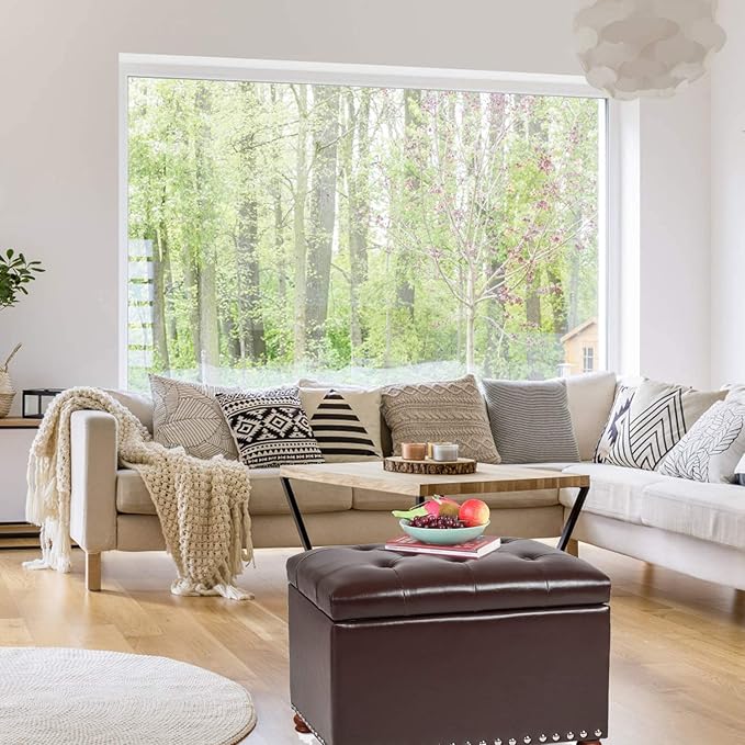 Leather Storage Ottoman Bench Foot Rest Stool with Nailhead Trim (Dark Brown - Button Tufted Leather)