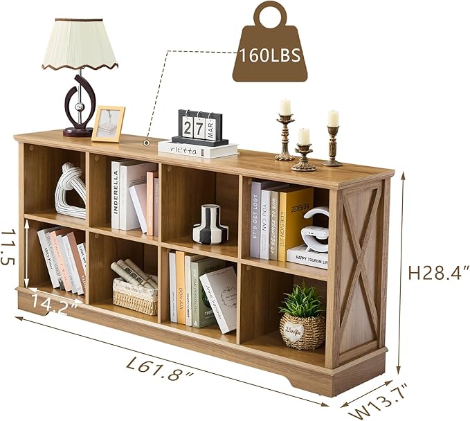 Farmhouse 8 Cube Bookshelf, Storage Organizer Bookcase, Kids Toy Storage Cabinet, Long Bookshelves Storage Organizer Shelf, Wood Display Cabinet Book Shelves for Bedroom,Living Room, Natural Oak