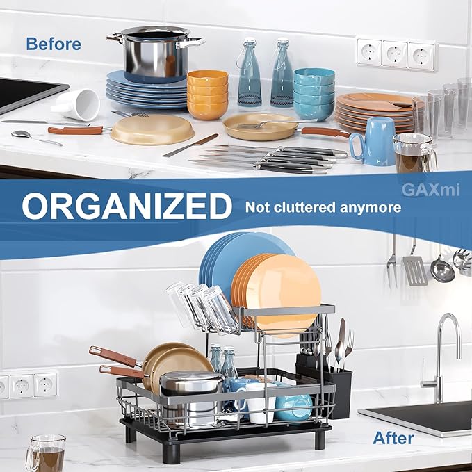 GAXmi Dish Drying Rack Over The Sink Drainer with Drainboard Utensil Holder Cup Holder, 2-Tier White