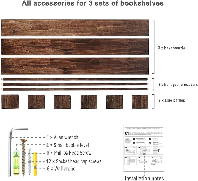 AZSKY Nursery Book Shelves Deep Walnut Wall Mount Floating Book Shelf for Bedroom Wooden Wall Book Shelf Children Kids Toddler Wall Bookshelf 36 Inch a Set of 3 Same Sizes