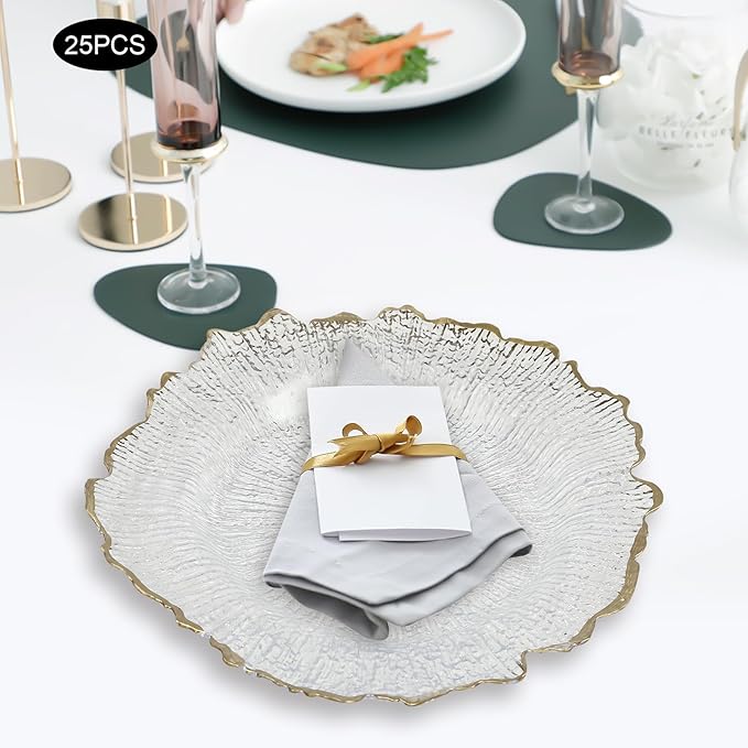 Charger Plates Set 12.6'' Round Embossed Dinner Plate Chargers Plastic Elegant Floral Plates for Dinner Wedding Party Event Table Kitchen Decoration 25Pcs (Gold-25Pcs)