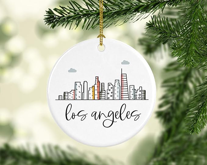 Andaz Press Round Ceramic Porcelain Christmas Tree Ornament Keepsake Gift, Los Angeles, Colorful City Skyline Graphic, 1-Pack, Birthday Ideas Family Coworker Him Her, Includes Gift Box