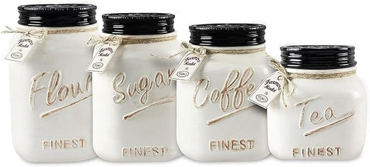 Young's 4 Piece Ceramic Canisters Sets for Kitchen, Country Style Ceramic Containers for Flour, Sugar, Tea and Coffee, Storage Containers with Lids 10.75"