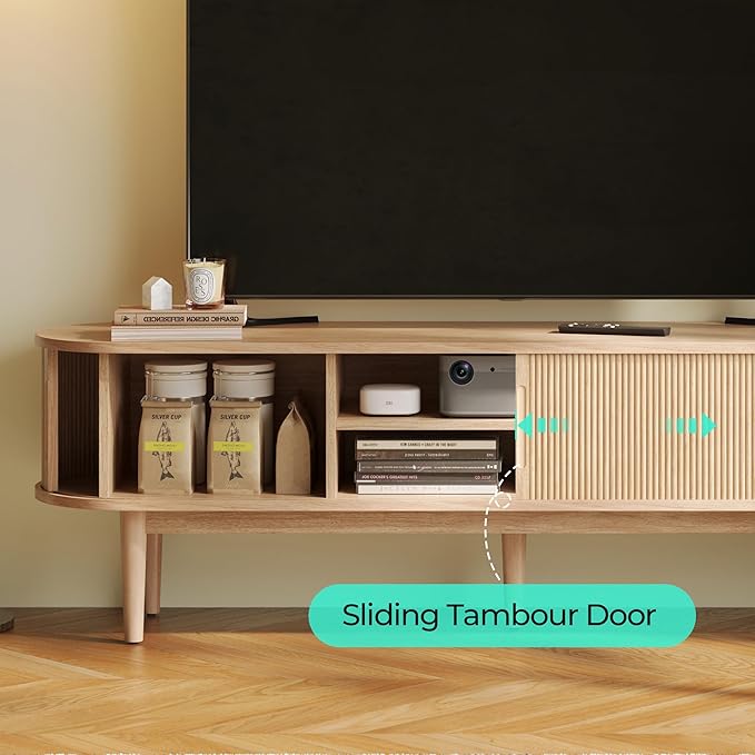 LINSY HOME Fluted TV Stand for 75" TV, Mid-Century Modern 70" Entertainment Center with Sliding Tambour Door and Storage Cabinet, Cruved TV Media Console Table for Living Room, Bedroom, Oak