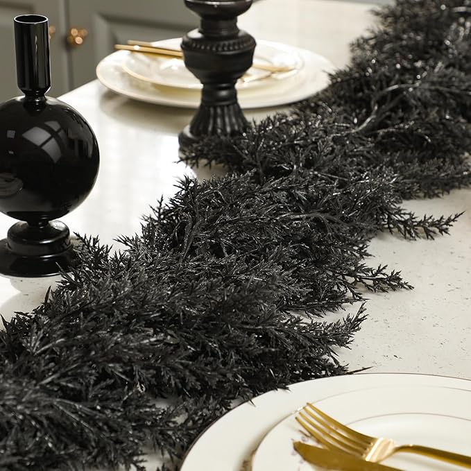 Dingion Black Artificial Cedar Garland - 9 ft Halloween Faux Cedar Pine Hanging Party Decoration Halloween Realistic Garland for Home, Mantle & Fireplace