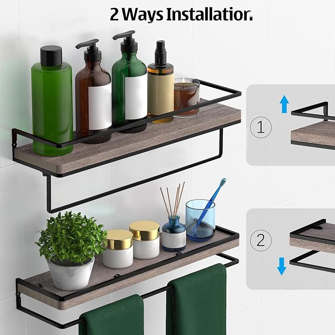 Meangood Floating Shelves Wall Mounted, Wall Shelf with Towel Bar Rustic Wood Wall Storage Shelves for Bedroom,Living Room,Bathroom, Kitchen (Set of 2/Brown)