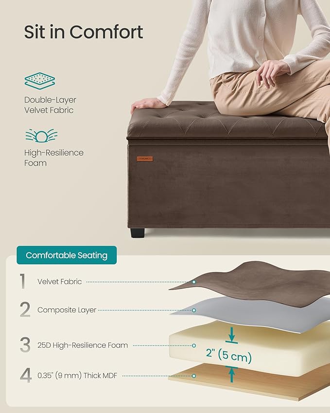 SONGMICS Velvet Storage Ottoman Bench, Foot Rest with Legs, 15.7 x 43 x 15.7 Inches, End of Bed Bench, Storage Chest, Load up to 660 lb, for Living Room, Bedroom, Entryway, Walnut Brown ULSF089K01