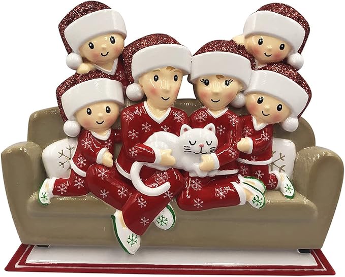 3D Matching Pajama Family of 6 with Cat Ornament 2025 Personalized Family Christmas Ornaments 2025 | Pet Lovers Personalized Tree Ornaments Customizable Gifts of Cat Lovers of Six with Pet Ornament