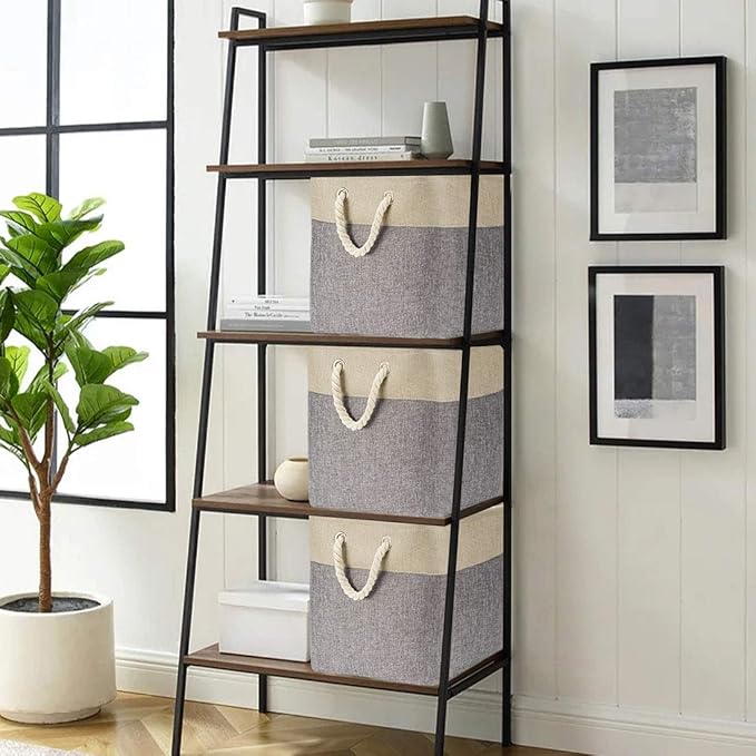 i BKGOO 3Pack Large Foldable Storage Bins，Collapsible Sturdy Cationic Fabric Organizing Storage Basket Cube with Cotton Handles for Home Office Shelf Clothes Toys Khaki-Grey 13×13×13 inch