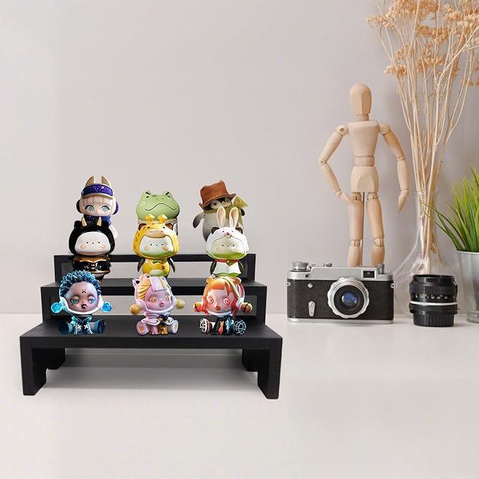 Display Wood Risers Wooden Stand 3 Tier 4 Set 12 Pieces Wood Racks Decorative Rectangular, Cupcake Stands Cologne Perfume Organizer Showcase Items(New Black)