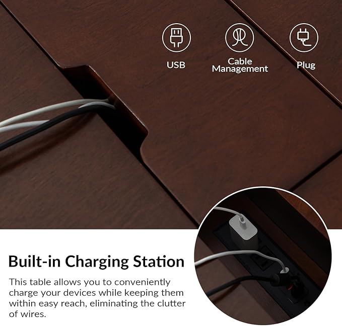 HULALA HOME End Table with Drawer Set of 2, Modern End Table with USB Ports and Outlets, Wooden Side Table with Storage-Walnut