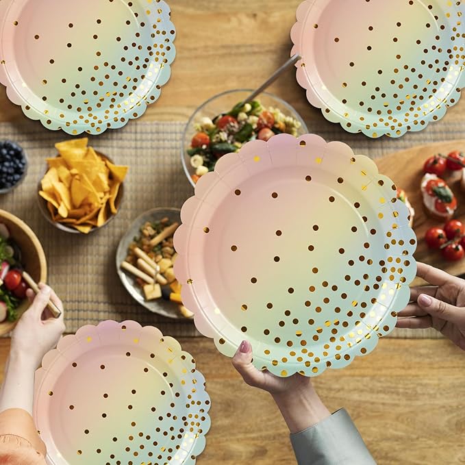 50PCS Pastel Rainbow Paper Plates, 7 Inch Scalloped Colorful and Gold Dot Party Plates Disposable Dessert Plate Cake Plate Pastel Party Supplies Decorations for Birthday Aniversary