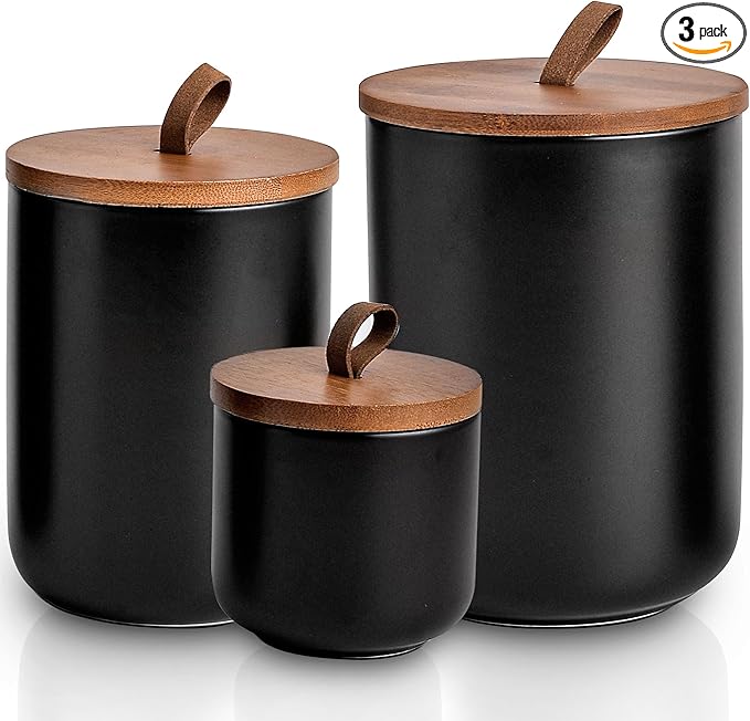 Black Ceramic Canister Set with Bamboo Lids, 3-Piece Airtight Food Storage Jars for Kitchen - Flour, Sugar, Coffee, Tea, Spice - Small, Medium, Large Sizes