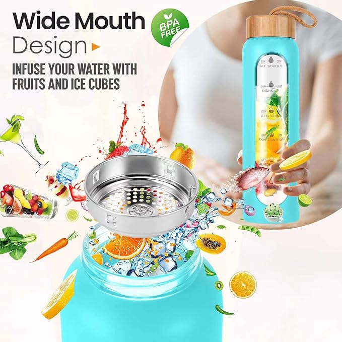 Aqulea Glass Water Bottles 32 Oz with Silicone Sleeve - BPA Free Reusable Wide Mouth Glass Motivational Water Bottles with Fruit Infuser – Leak Proof Borosilicate Water Bottle with Time Marker (Teal)