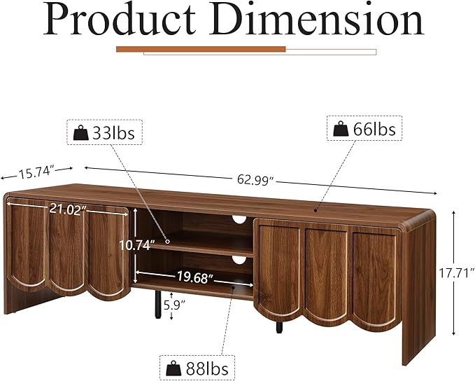 ORRD 63'' TV Stand, Modern TV Console Table Wave Panel Television Stands Entertainment Media Center with Storage Compartment and Sliding Door for Living Room (Walnut)