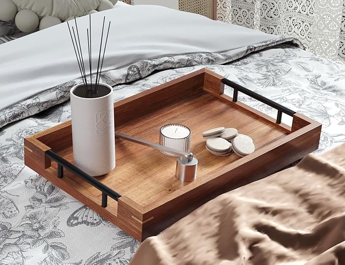 Acacia Wood Serving Tray with Metal Handles,15x10in Ottoman Decorative Trays Platter for Coffee Table,Living Room,Bar,Party(Medium)