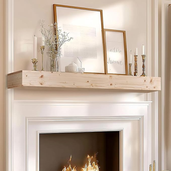 72x8x5 Fireplace Mantel - Handcrafted Hollow Rustic Solid Wood Wall Mounted Floating Shelf with Invisible Heavy Duty Wood Bracket (DIY Color)