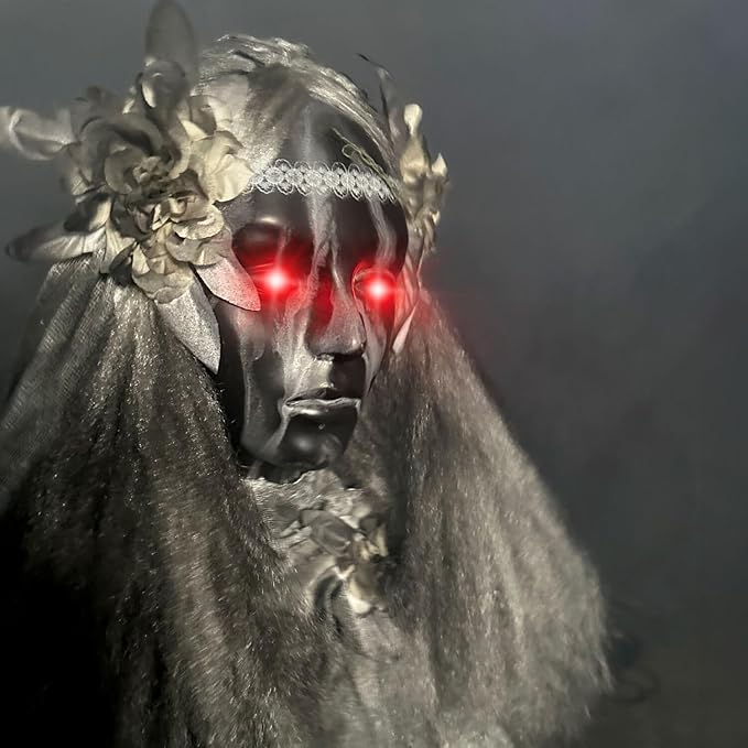 Haunted Hill Farm Lifesize Animatronic Scary Haunted Lady Statue with Touch Activated Lights and Sound, Battery-Operated Indoor or Covered Outdoor Halloween Decoration