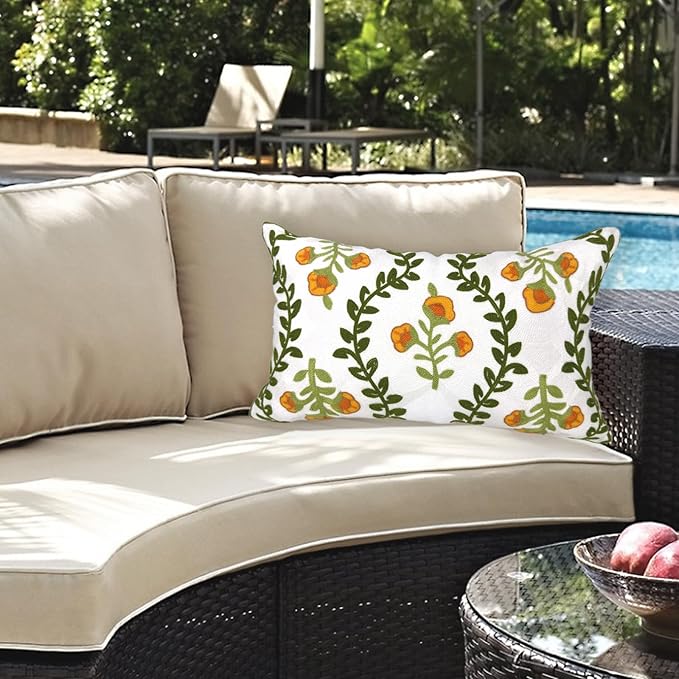 Alysheer Flower Embroidered Summer Decorative Lumbar Throw Pillow Cover 12"x 20", Farmhouse Cottage Orange Floral Green Leaves Patterned Cotton Canvas Cushion Case for Sofa Couch Bed Living Room