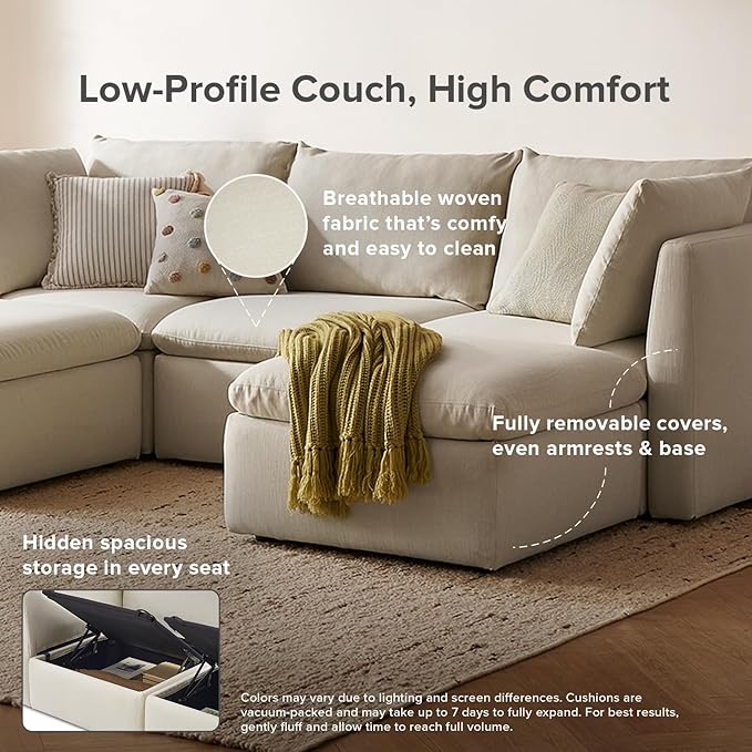 mopio Oversized Modular Sectional Sofa with Fully Removable Covers and Storage, Convertible U, L-Shaped and Sleeper Sectional, Modern Couches with Ottoman Chaise (Oat Fabric, 4 Seats, L)