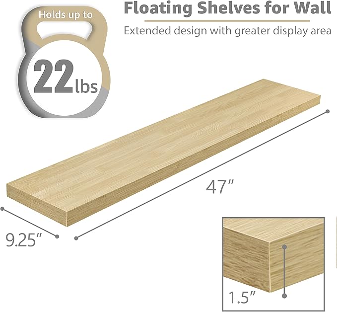Sorbus Floating Shelves for Wall - 48 Inch Long Bathroom Shelves, Wall Decor for Bedroom, Kitchen, Living Room & Book Storage - Mounted Floating Shelf with Invisible Brackets (Maple Wood, 3 Pack)