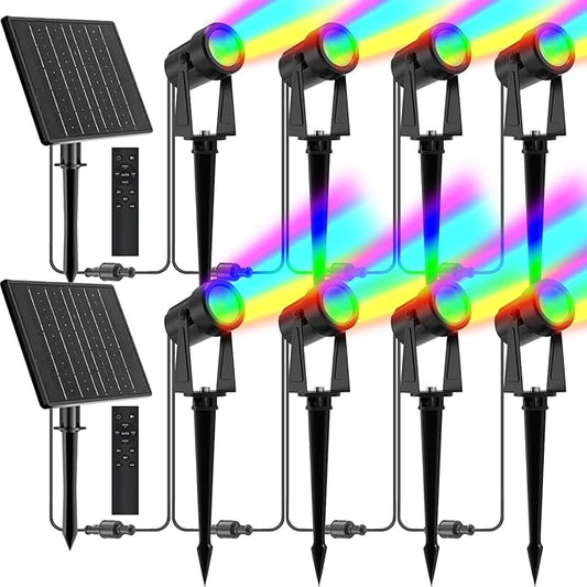 ZYAN Solar Powered Landscape Spotlights Outdoor Waterproof IP65, RGBW Colored Spotlights for Garden Yard, Auto On/Off Remoto Control Spot Lights for Plant, Tree, Patio, Path, Lawn, Wall (8 Pack)