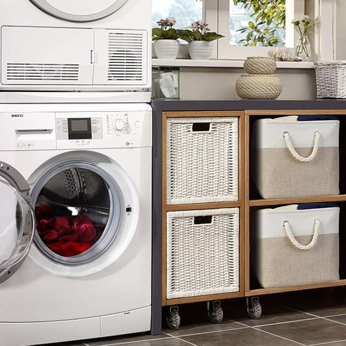 i BKGOO 3Pack Large Foldable Storage Bins，Collapsible Sturdy Cationic Fabric Organizing Storage Basket Cube with Cotton Handles for Home Office Shelf Clothes Toys White-Khaki 13×13×13 inch