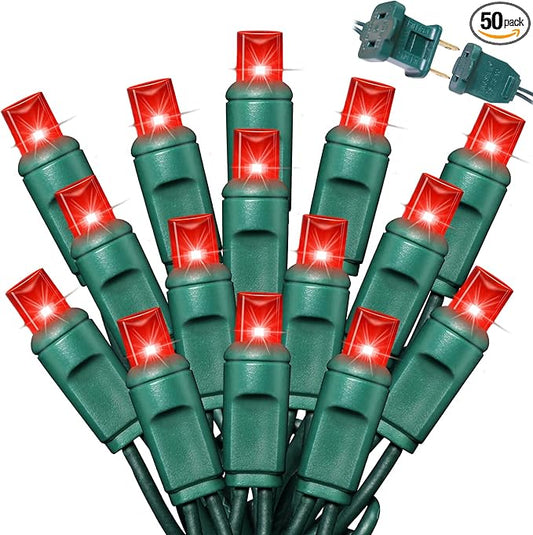 50LED String Lights,LED Christmas Lights,6" SPACING,Green Wire,RED Colour,Commercial Grade