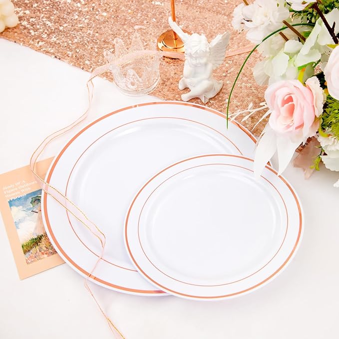 FLOWERCAT 60PCS Rose Gold Plastic Plates - Heavy Duty Rose Gold Plates Disposable for Party Wedding- Include 30PCS 10.25inch Dinner Plates and 30PCS 7.5inch Dessert Plates