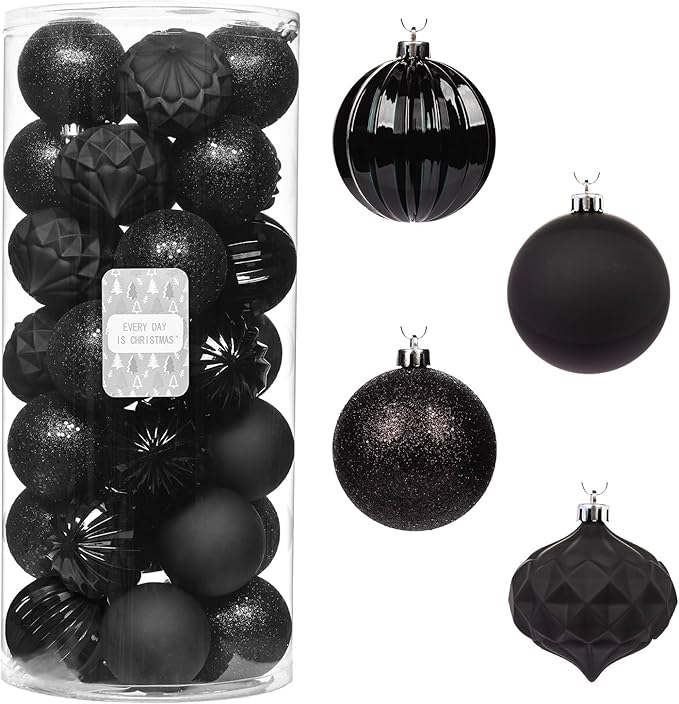 Every Day is Christmas Ornaments, Shatterproof Christmas Tree Ornament Set, Christmas Balls Decoration 35 Count (2.75"/70mm, Black)