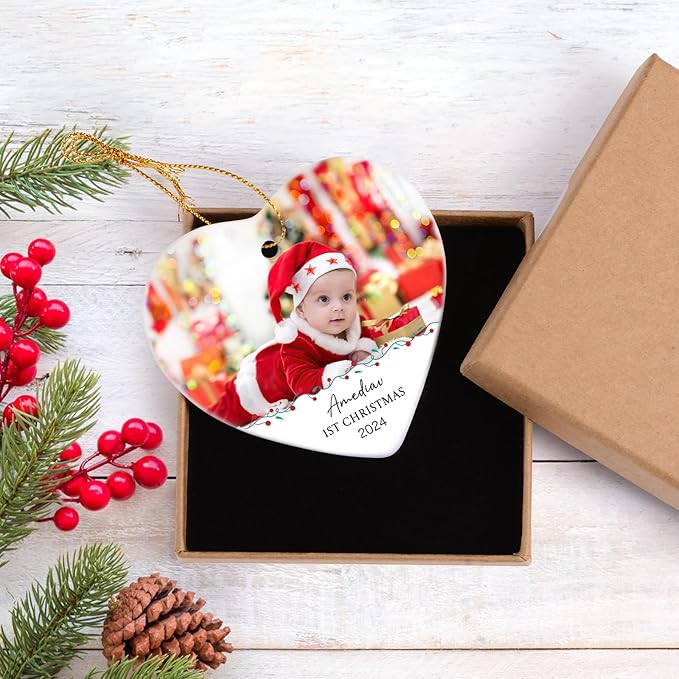 Baby's First Christmas Ornament 2025, Personalized Photo Christmas Ornaments, Custom Name Keepsake Ornament for Newborn Baby, New Baby Gift, Ceramic Christmas Tree Ornament