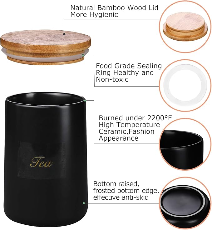 Yangbaga Black Canisters Sets for Kitchen-Set of 3 Coffee Canisters for Countertop with Airtight Wood Lids/Spoons/Stickers, Ceramic Food Storage Containers for Large Suger,Coffee,Tea (42/30/9OZ)